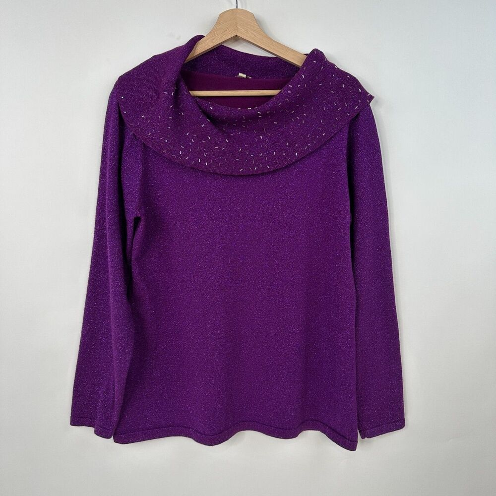 Reba Embellished Metallic Sweater sz XL Cowl Neck Purple Beaded Evening Tunic